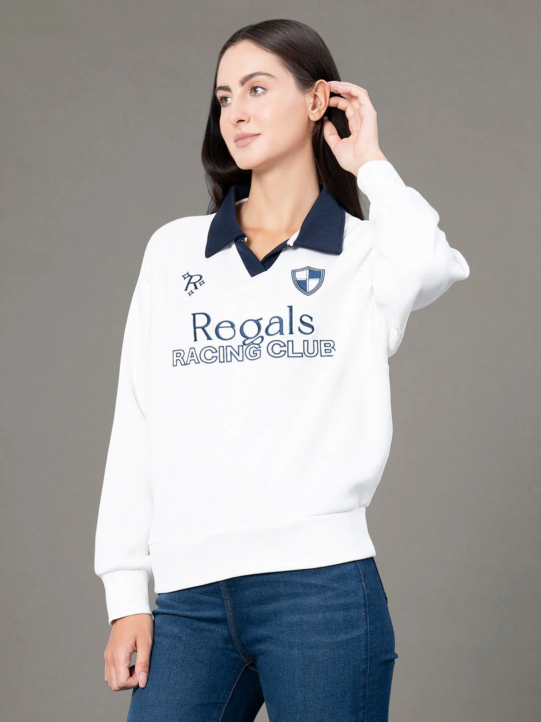 Women's Off White Poly Cotton Fleece Graphic Print Collared Sweatshirt - Image 2