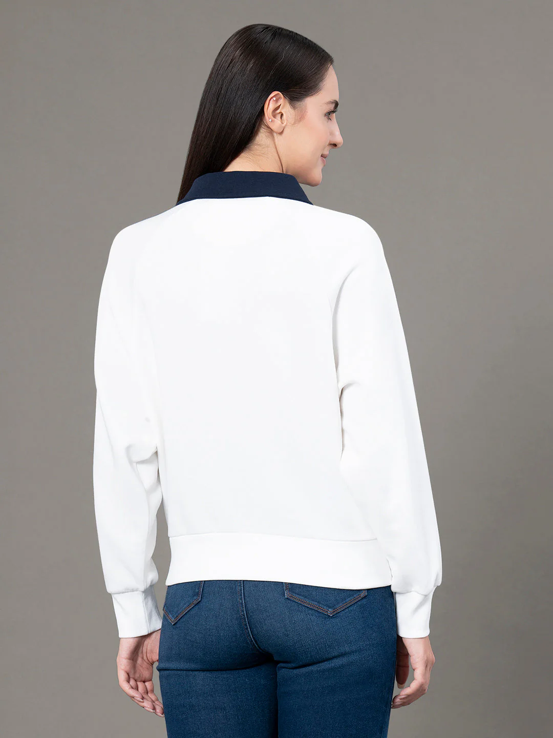 Women's Off White Poly Cotton Fleece Graphic Print Collared Sweatshirt - Image 3