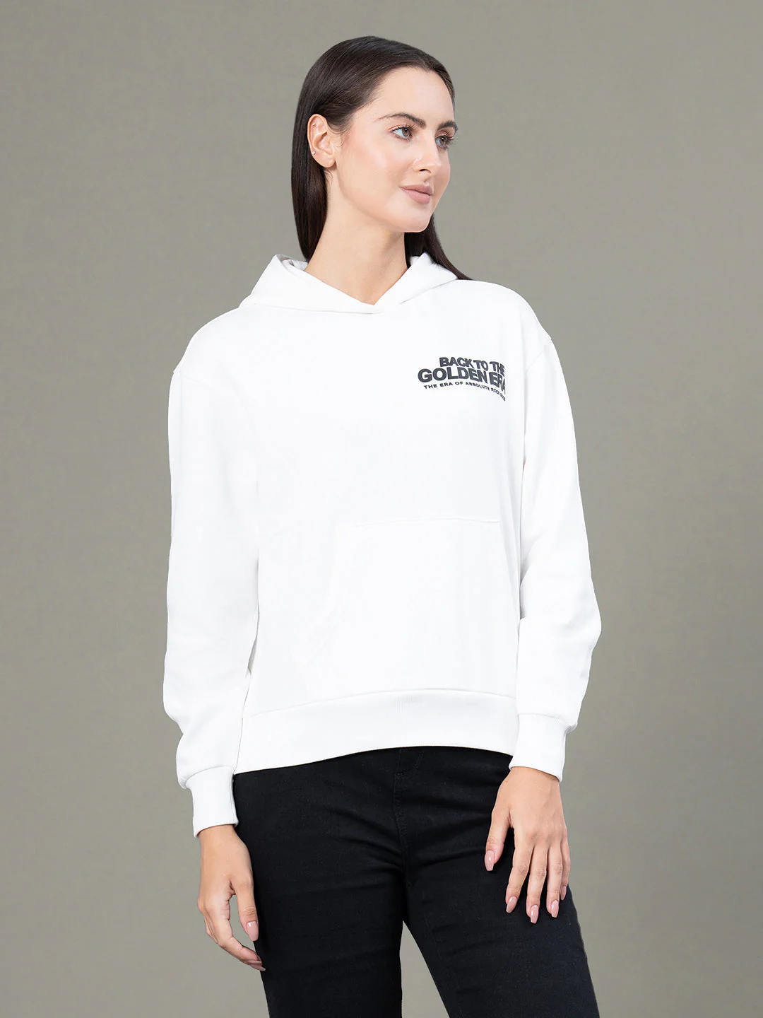 Women's Off White Poly Cotton Fleece Graphic Print Hoodie - Image 2