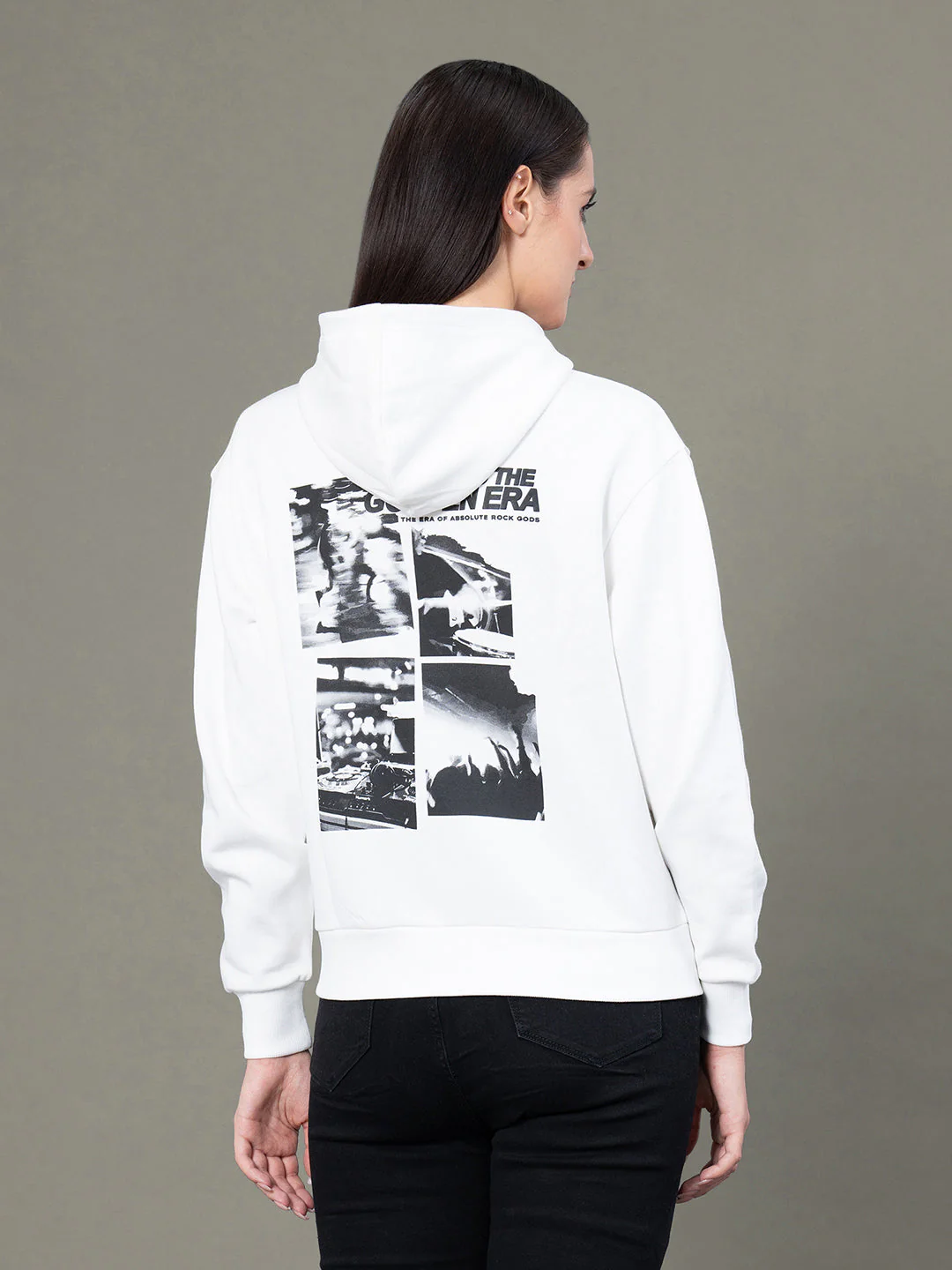 Women's Off White Poly Cotton Fleece Graphic Print Hoodie - Image 3