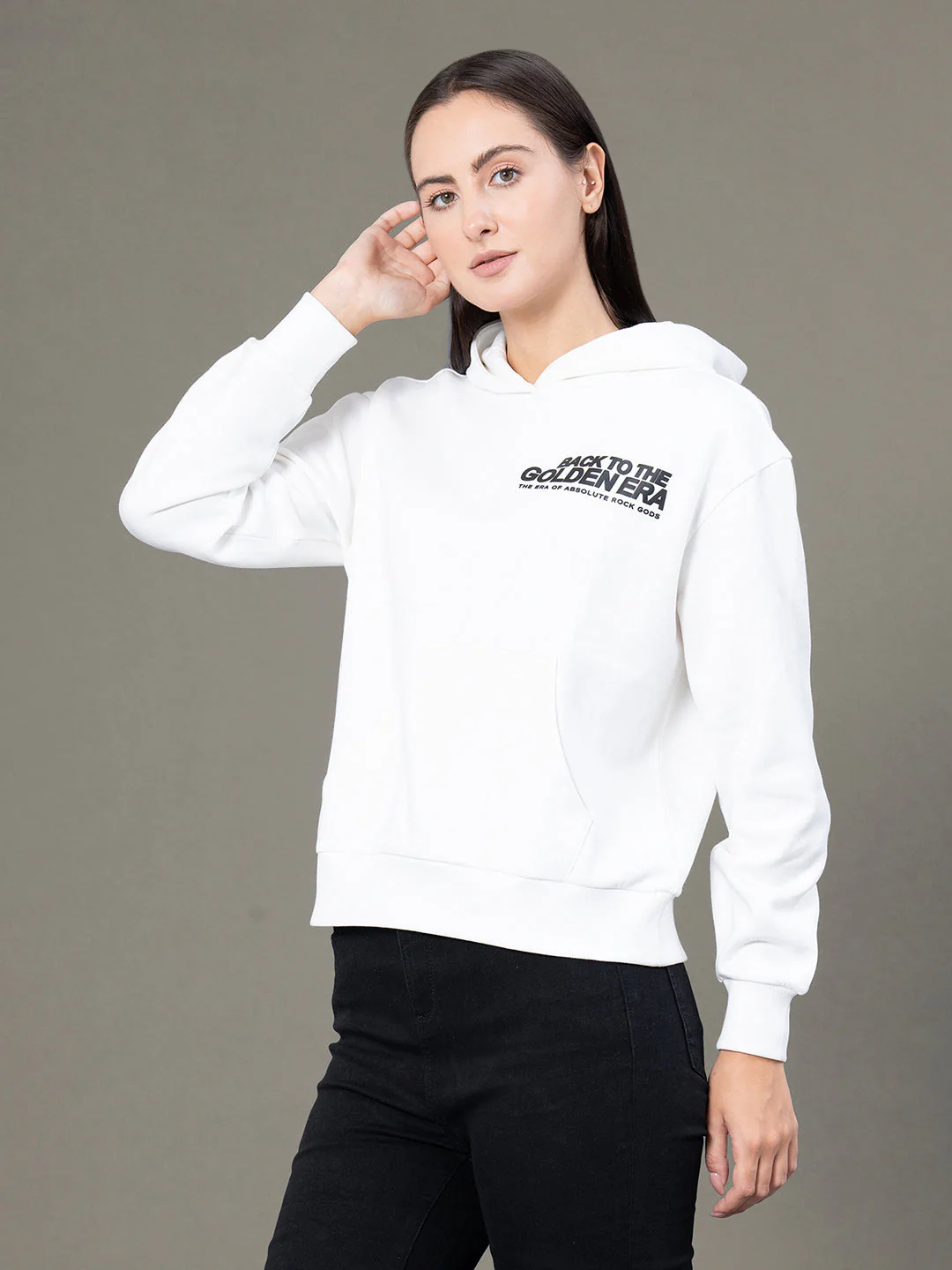 Women's Off White Poly Cotton Fleece Graphic Print Hoodie - Image 6
