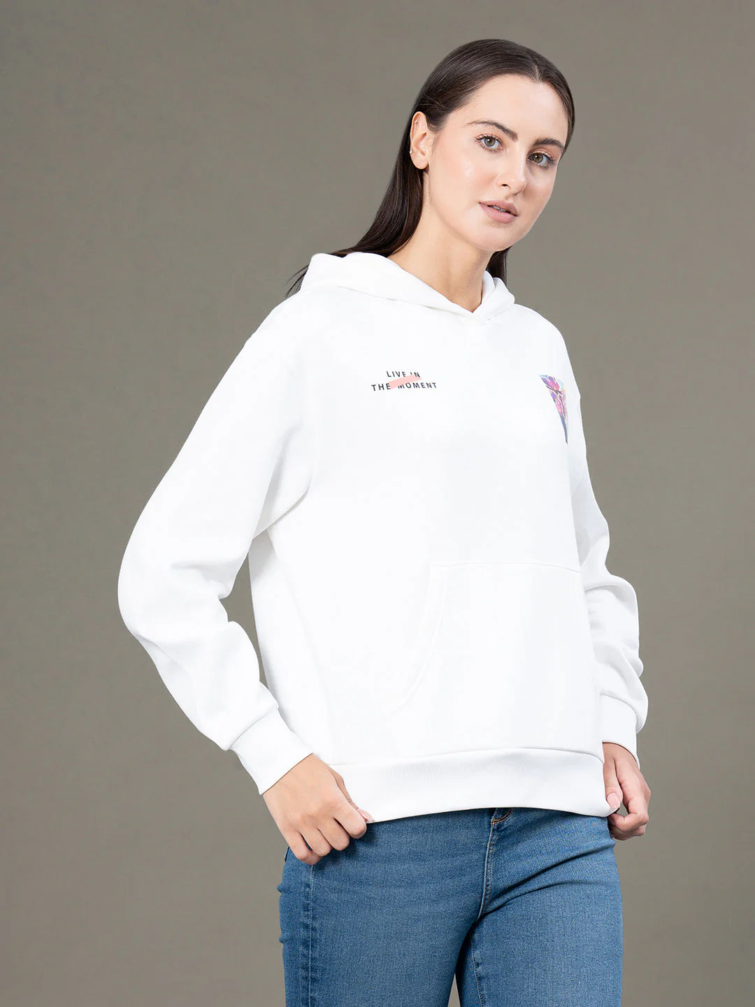 Women's Off White Poly Cotton Fleece Graphic Print Hoodie - Image 2