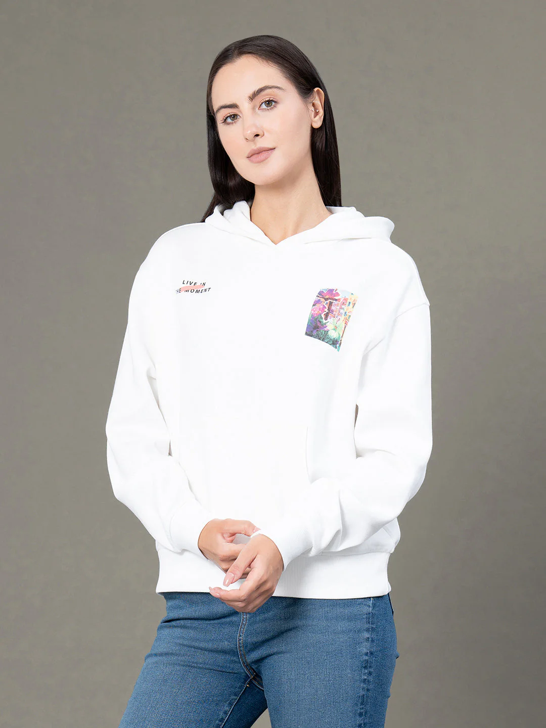 Women's Off White Poly Cotton Fleece Graphic Print Hoodie - Image 6