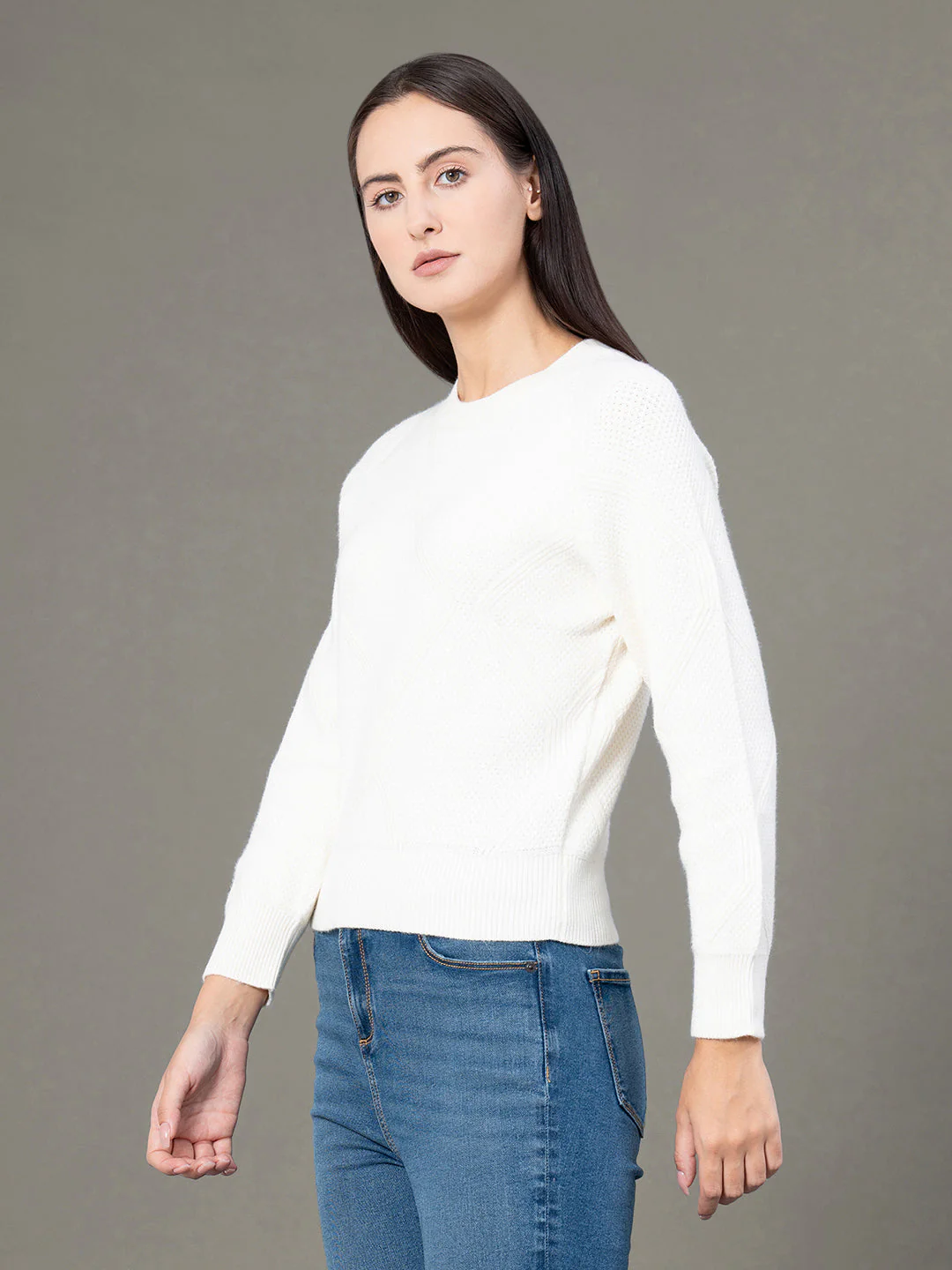 Women's Off White Poly Viscose Polyamide Solid Sweater - Image 2