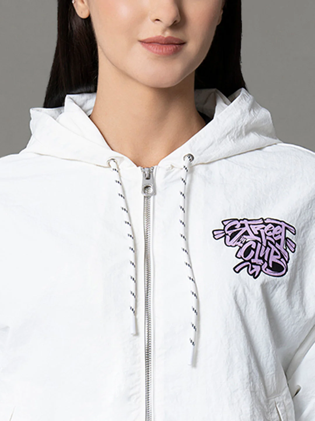 Women's Off White Polyamide Graphic Print Windcheater Jacket - Image 4