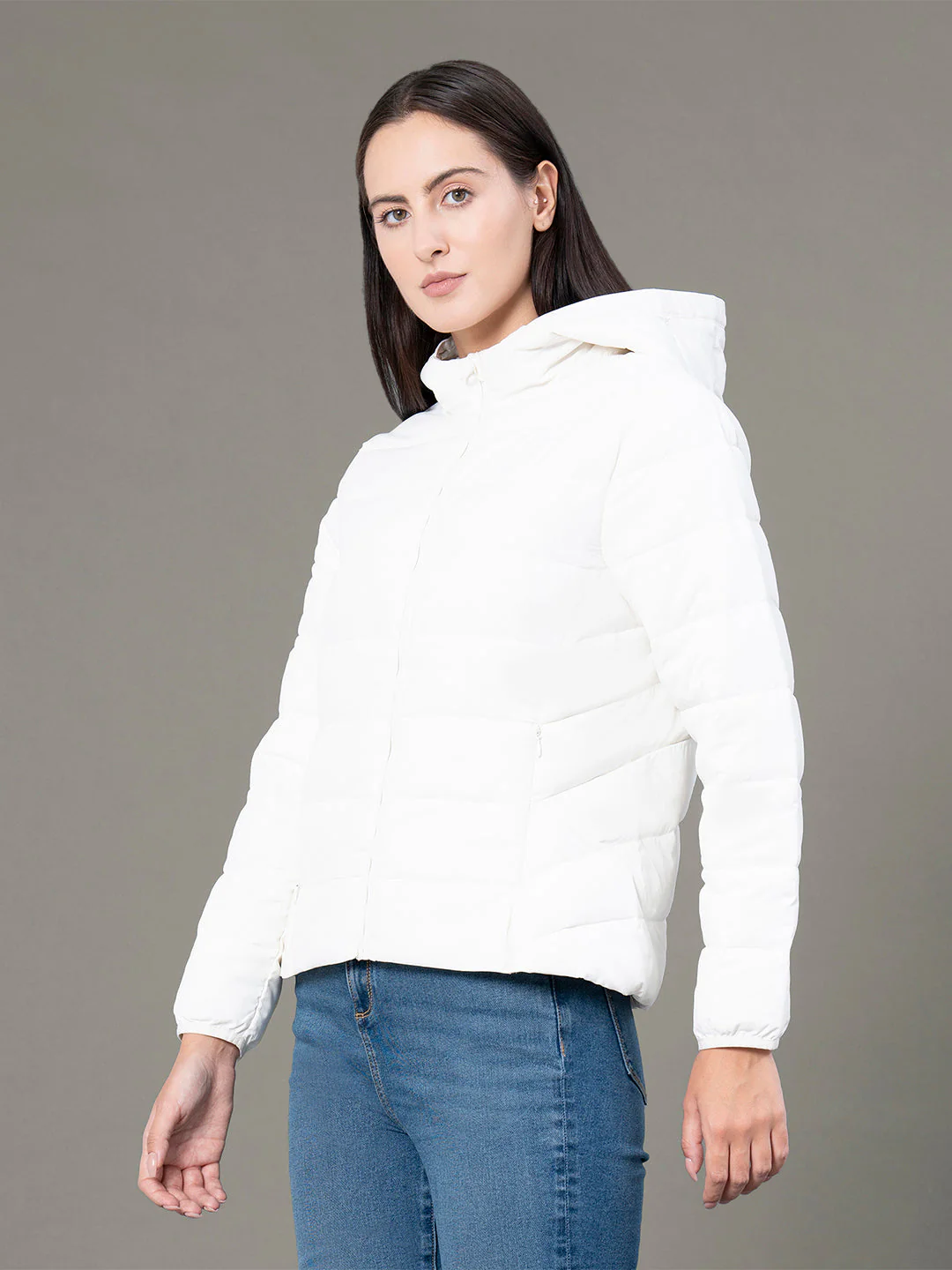 Women's Off White Polyester Solid Padded Jacket - Image 2