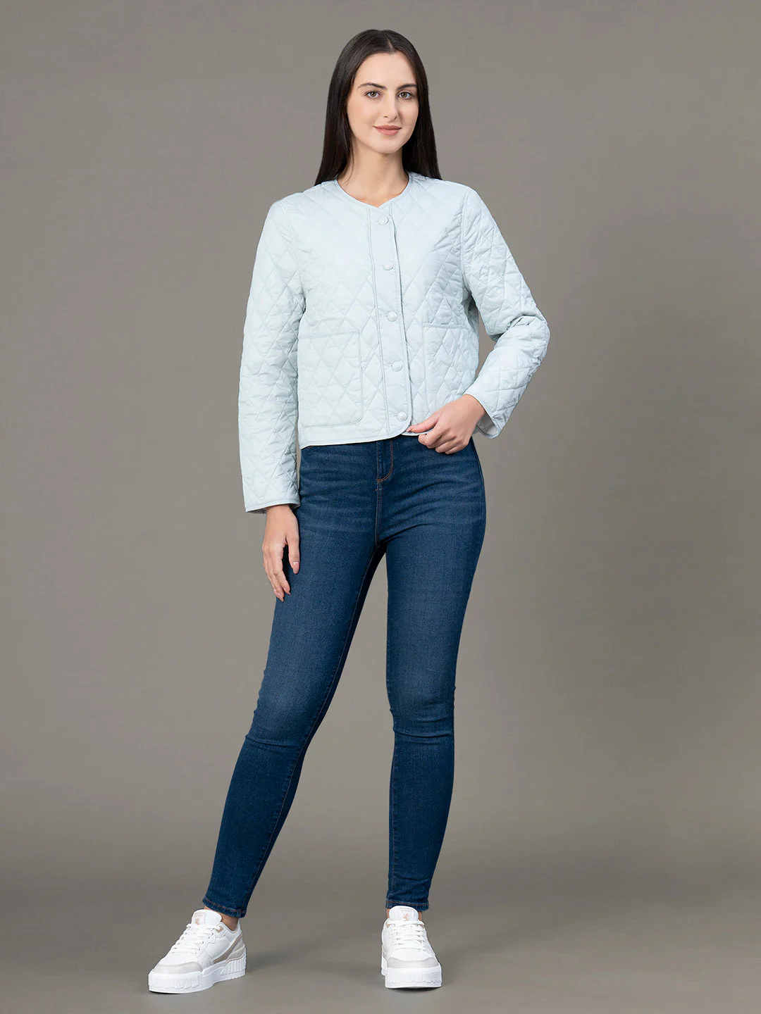 Women's Pale Blue Nylon Solid Jacket - Image 5