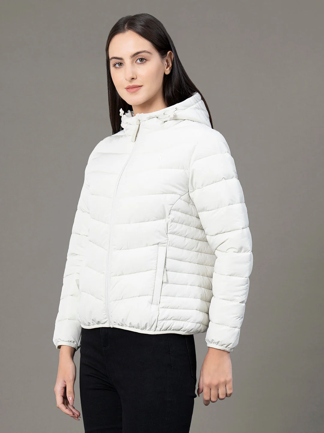 Women's Pale Ecru Polyester Solid Hooded Padded Jacket - Image 2