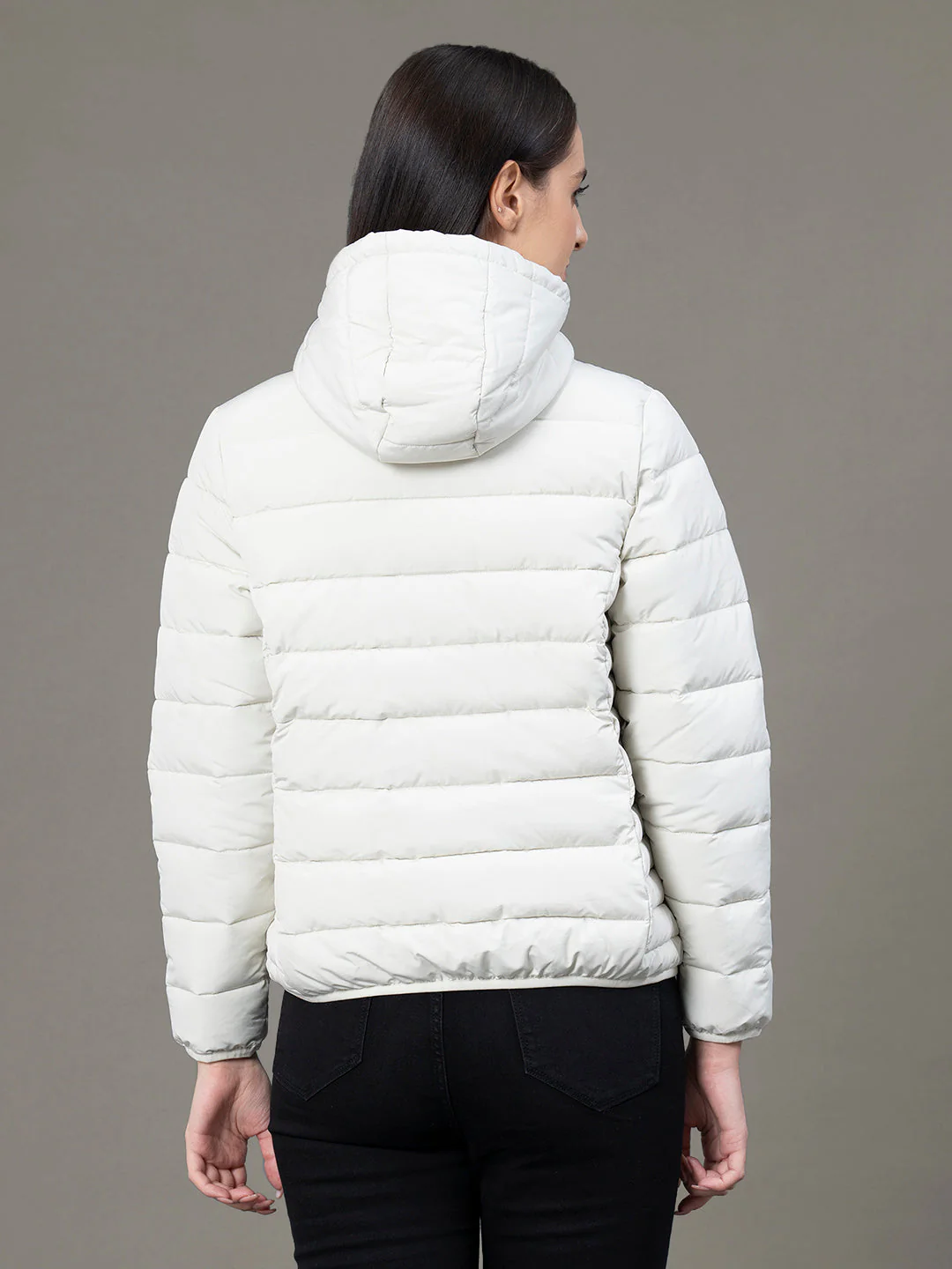 Women's Pale Ecru Polyester Solid Hooded Padded Jacket - Image 3