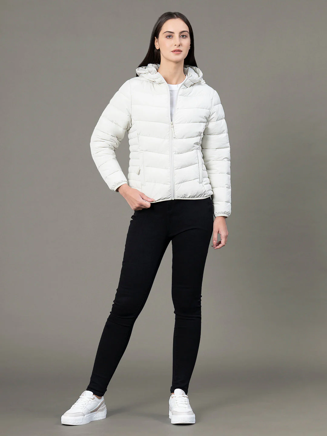 Women's Pale Ecru Polyester Solid Hooded Padded Jacket - Image 5