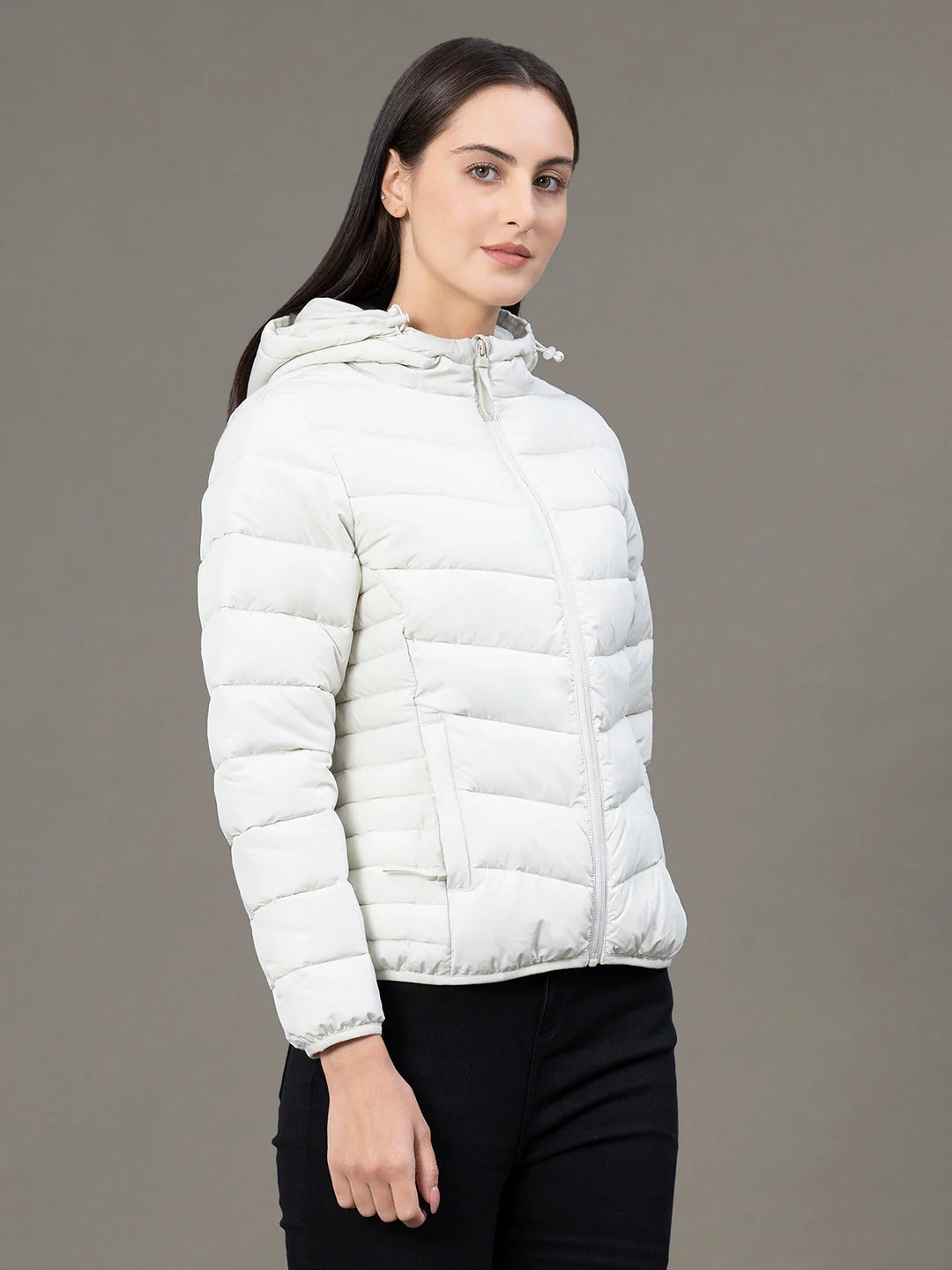 Women's Pale Ecru Polyester Solid Hooded Padded Jacket - Image 6