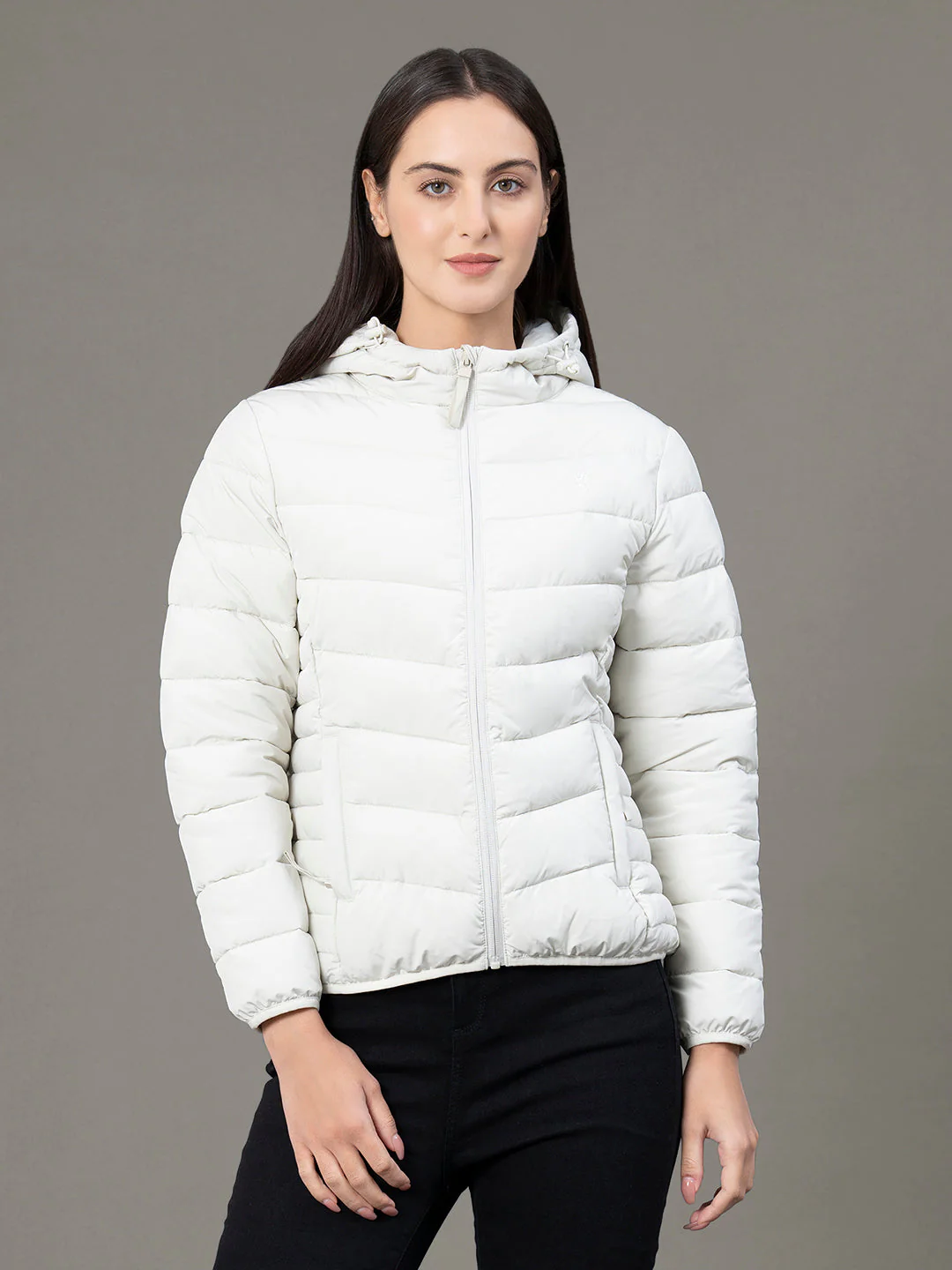 Women's Pale Ecru Polyester Solid Hooded Padded Jacket - Image 7
