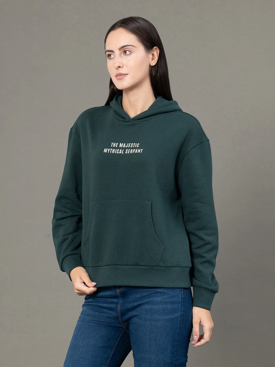 Women's Pine Green Poly Cotton Fleece Graphic Print Hoodie - Image 2