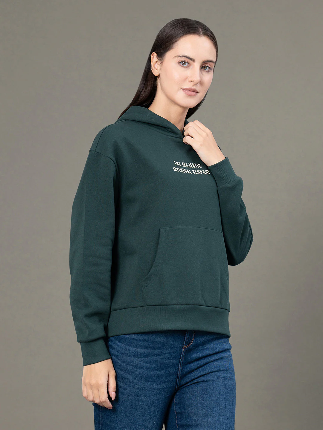 Women's Pine Green Poly Cotton Fleece Graphic Print Hoodie - Image 6