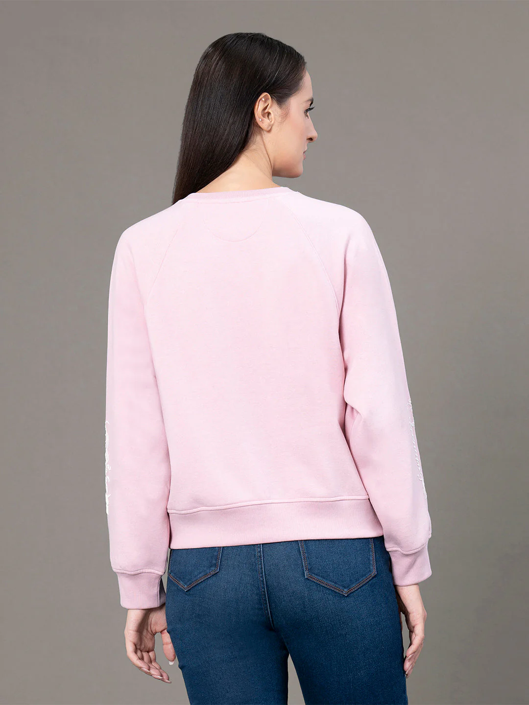 Women's Powder Pink Poly Cotton Fleece Graphic Print Reglan Sleeve Hoodie - Image 3