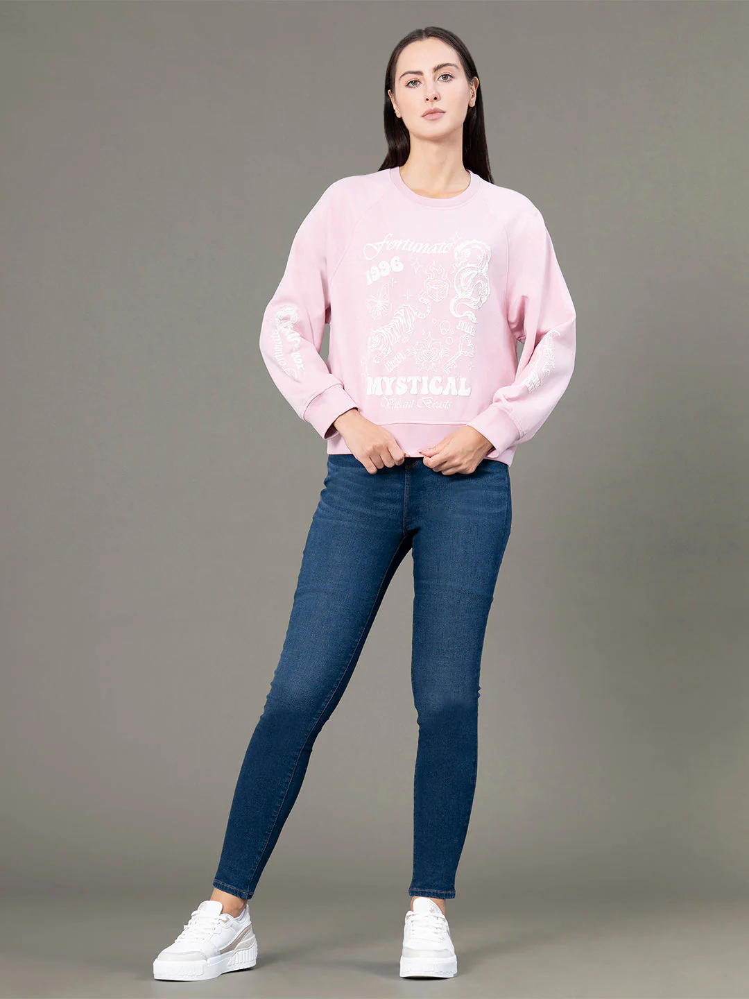 Women's Powder Pink Poly Cotton Fleece Graphic Print Reglan Sleeve Hoodie - Image 5