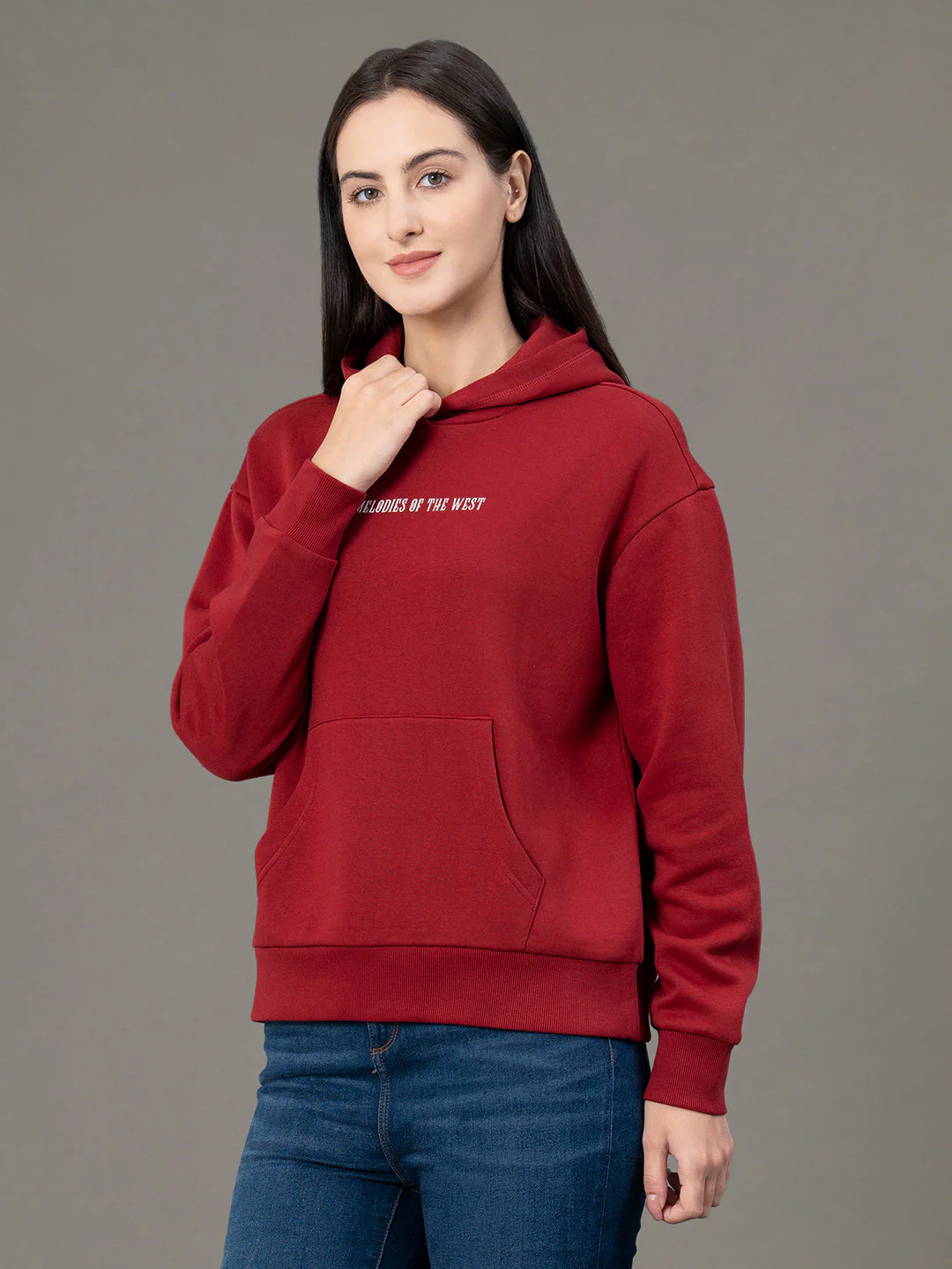 Women's Red Poly Cotton Fleece Graphic Print Hoodie - Image 2