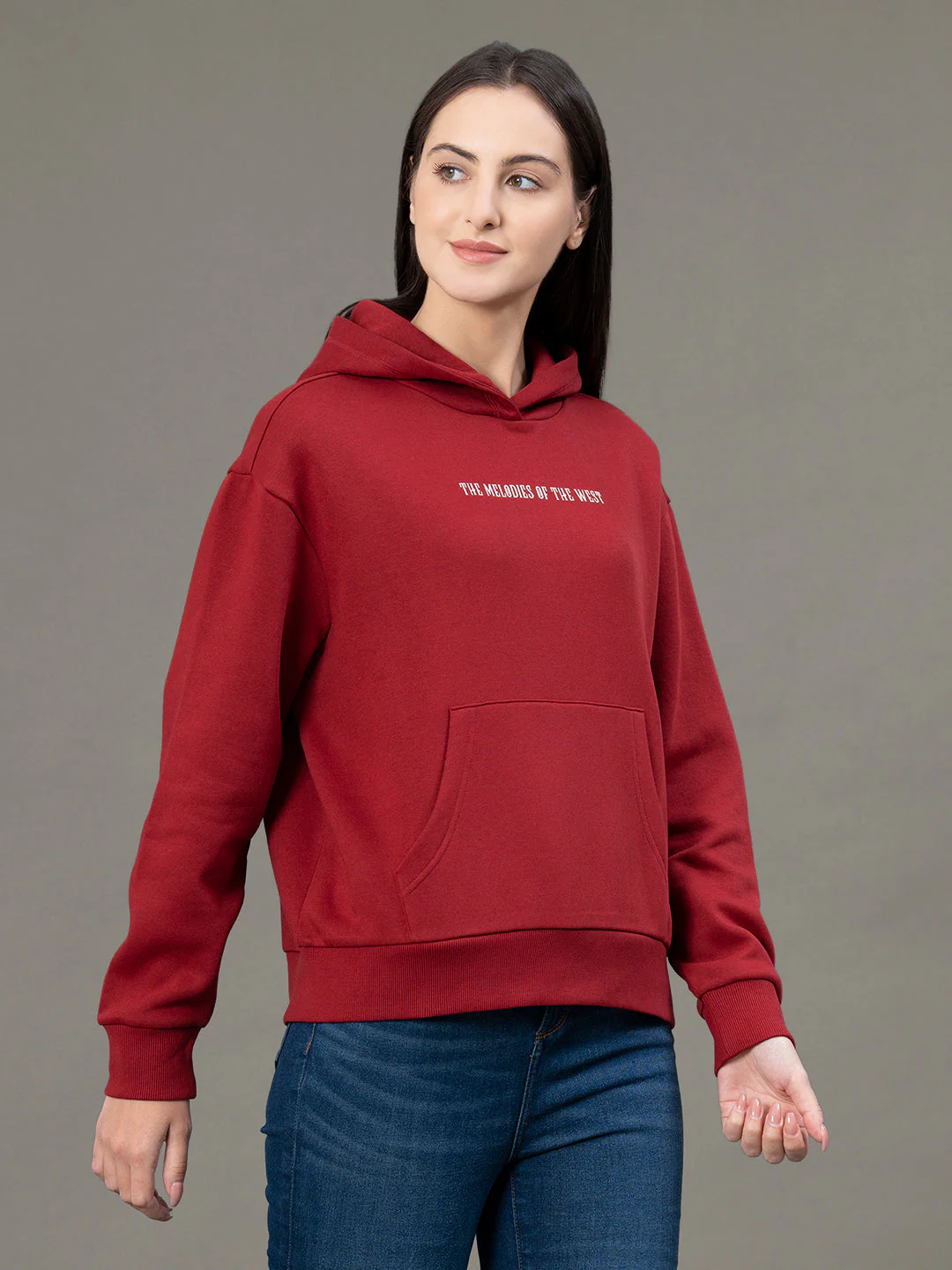 Women's Red Poly Cotton Fleece Graphic Print Hoodie - Image 6
