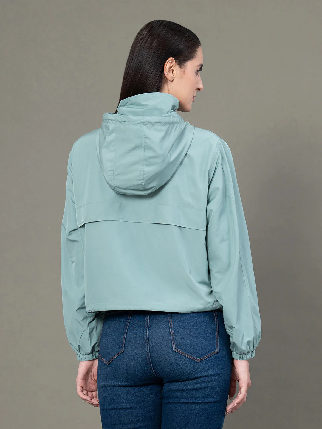 Women's Sea Green Polyester Solid Windcheater Jacket - Image 3