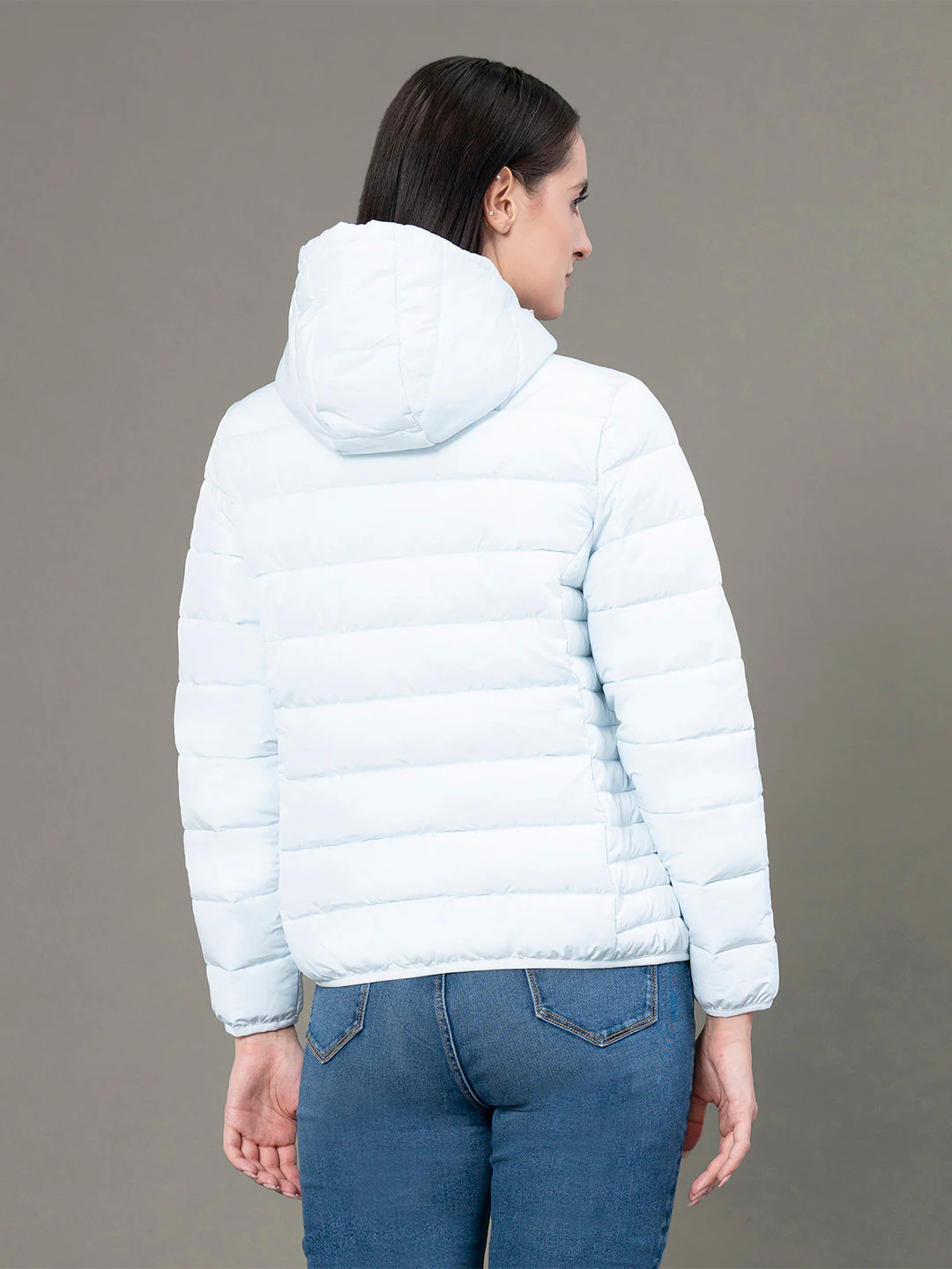 Women's Sky Blue Polyester Solid Hooded Padded Jacket - Image 3