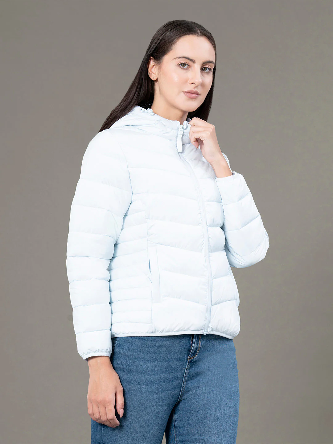 Women's Sky Blue Polyester Solid Hooded Padded Jacket - Image 6