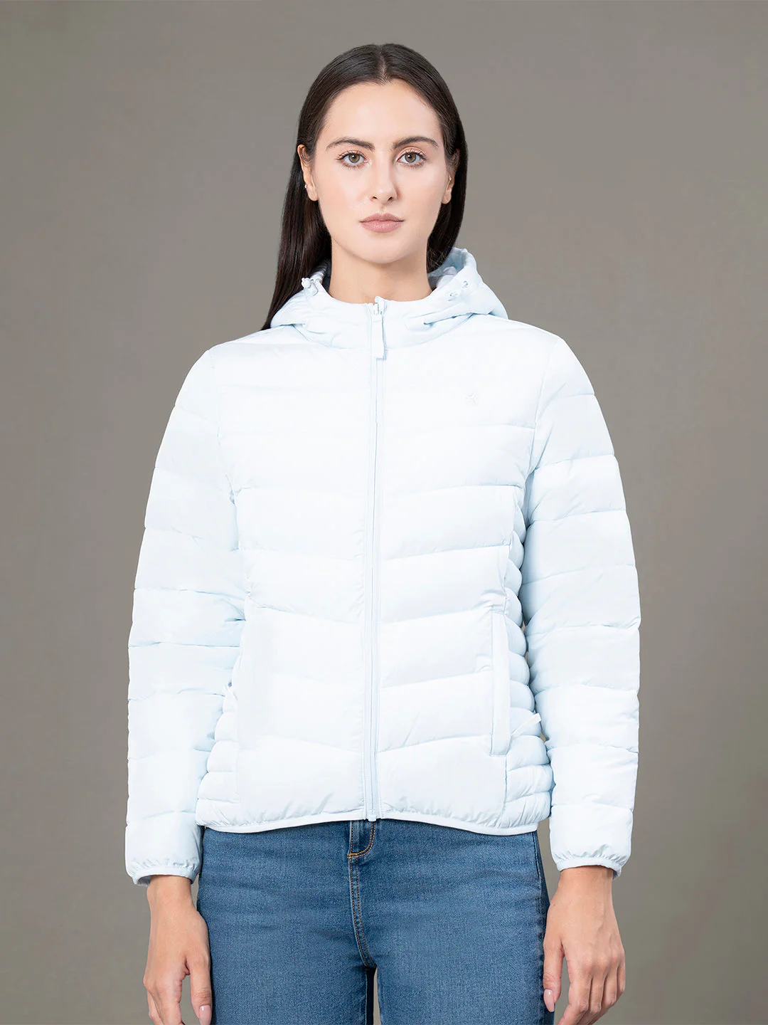 Women's Sky Blue Polyester Solid Hooded Padded Jacket - Image 7