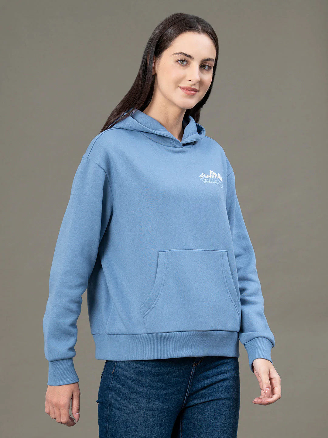 Women's Slate Blue Poly Cotton Fleece Graphic Print Hoodie - Image 6