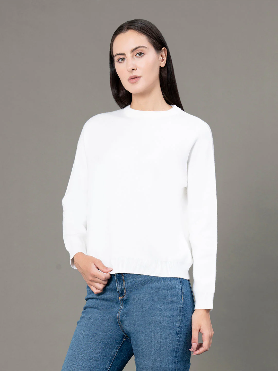 Women's White Poly Viscose Nylon Solid Sweater - Image 2