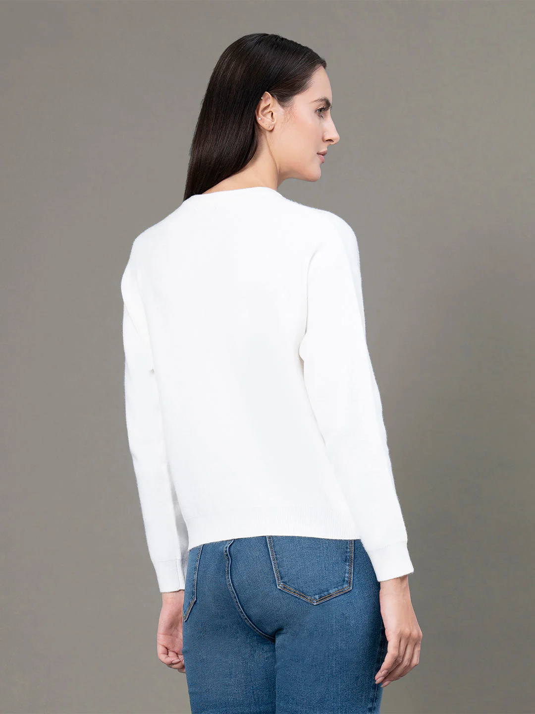 Women's White Poly Viscose Nylon Solid Sweater - Image 3